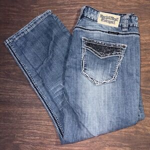 Rock & Roll Cowgirl Bootcut Denim Blue Jeans Low Rise Size 31 Bling Rhinestones